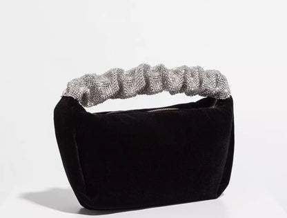 Rhinestone Fold Handle Velvet Handbag